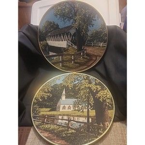 Vintage Set Of 2 Ecstasy Giftware Circle Fabric Hangings Covered Bridge & Church